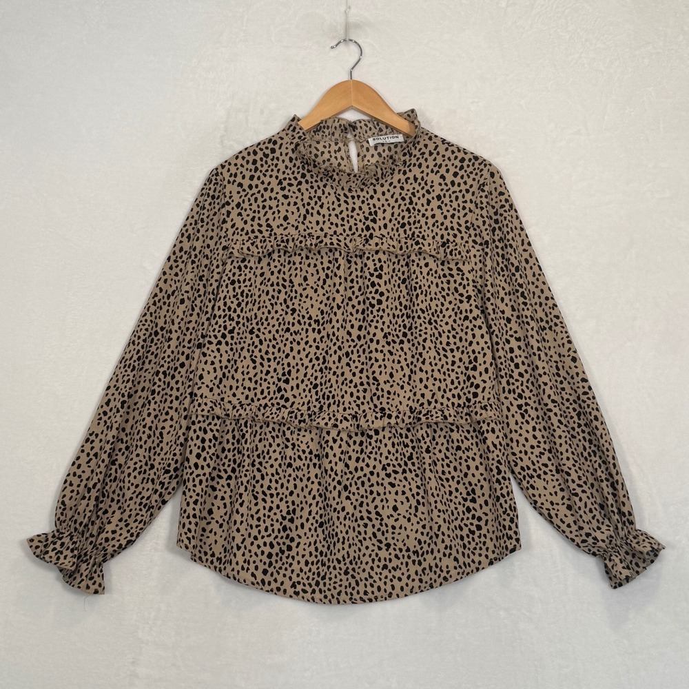 Solution Tan Black Animal Print Mock Neck Ruffle Blouse Size Large